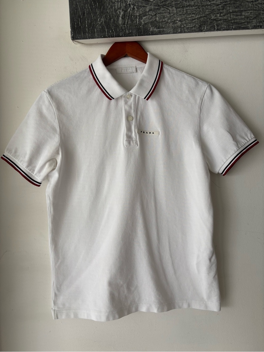 Prada White Polo with Red and Navy Stripe Trim Polo Shirt Size: L